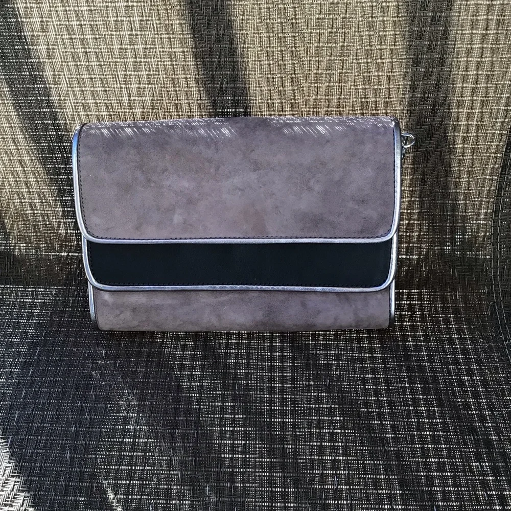 Mellow Yellow Gray Suede/ Black Leather Clutch Shoulder Bag